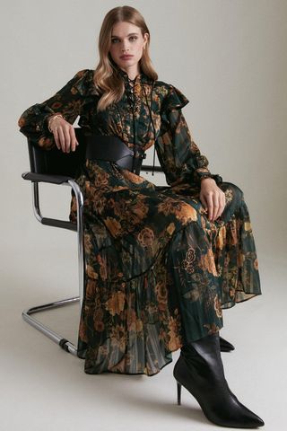 Karen Millen + Floral Woven Lace Up Midi Dress