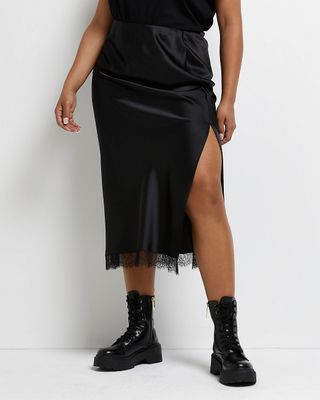 River Island + Plus Black Lace Hem Midi Skirt