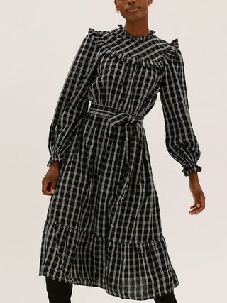M&S Collection + Pure Cotton Checked Midi Tiered Dress
