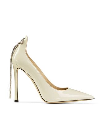 Jimmy Choo + Spruce 110 Latte Soft Patent Pumps With Crystal Star Chandelier Accessory