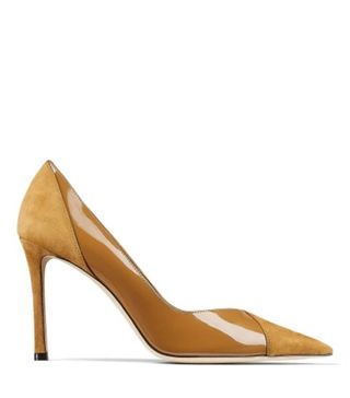 Jimmy Choo + Cass 95 Camel Suede and Patent Pumps