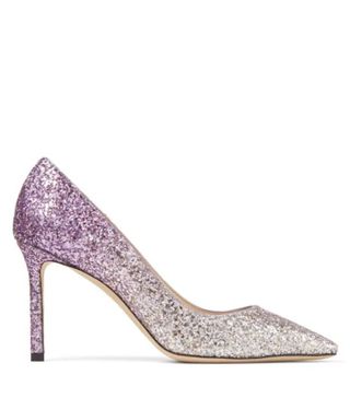 Jimmy Choo + Romy 85 Champagne and Pink Violet Dazzling Coarse Glitter Dégradé Fabric Pumps