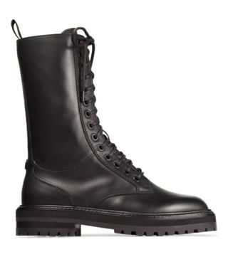 Jimmy Choo + Cora Flat Tall Black Smooth Leather Combat Boots