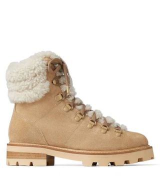 Jimmy Choo + Eshe Flat Stucco Suede Hiking Boots With Natural Shearling Collar