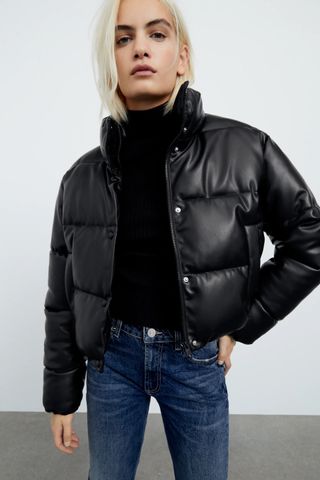 Zara + Faux Leather Puffer Jacket