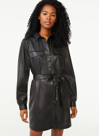 Scoop + Faux-Leather Belted Shirtdress