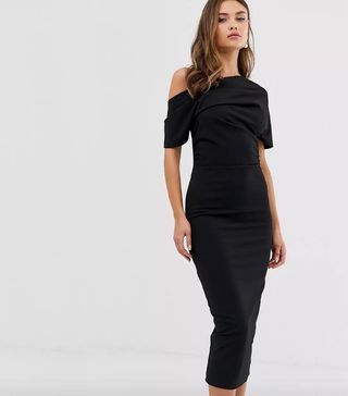 ASOS + Pleated shoulder pencil dress in black