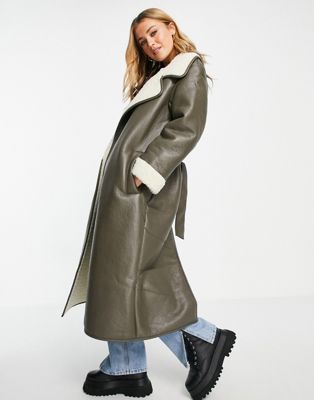 ASOS + Faux Leather Borg Bonded Belted Maxi in Khaki