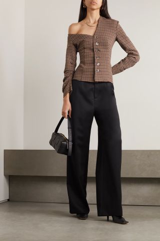 A.W.A.K.E. Mode + One-Shoulder Checked Tweed Top
