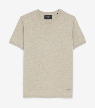 Kooples + Fitted Beige S/S Cashmere Sweater W/Crew Neck