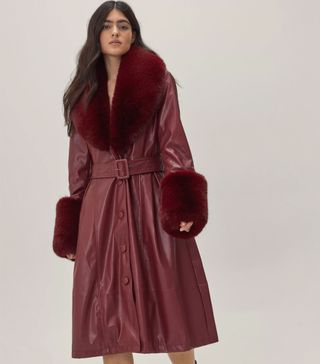 Nasty Gal + Faux Leather Faux Fur Trimmed Belted Coat