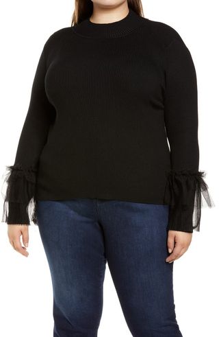 Vince Camuto + Tulle Sleeve Mock Neck Sweater