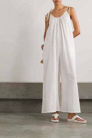 Suzie Kondi + Besa Tie-Detailed Crinkled Cotton-Gauze Jumpsuit