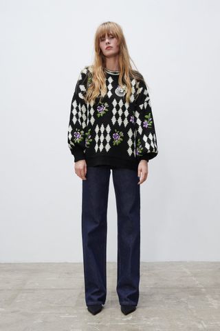 Zara + Embroidered Jacquard Knit Sweater