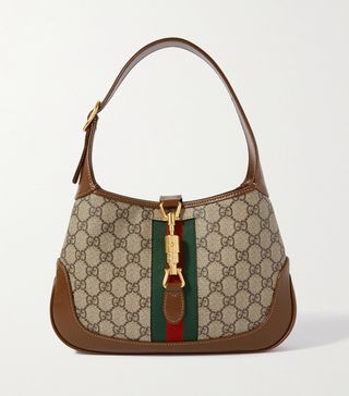 Gucci + Jackie 1961 Small Webbing-Trimmed Coated-Canvas and Leather Shoulder Bag
