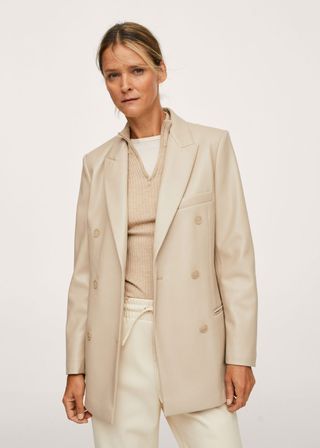 Mango + Faux-Leather Double-Breasted Blazer