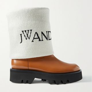 JW Anderson + Fisherman Wool-Jacquard Trimmed Glossed-Leather Ankle Boots