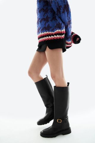 Zara + Flat Leather Knee High Boots With Buckle