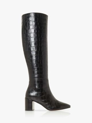 Dune + Saffia Leather Croc Print Knee High Boots in Black