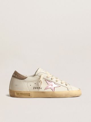 Golden Goose + Super-Star in White Nappa With Pink Metallic Leather Star