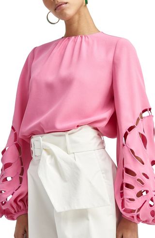 Oscar de la Renta + Palm Leaf Embroidered Cutout Blouse