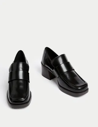 Marks & Spencer + Leather Block Heel Square Toe Loafers