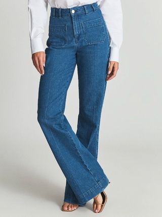 Reiss + Isa Petite Mid Blue High Rise Flared Jeans