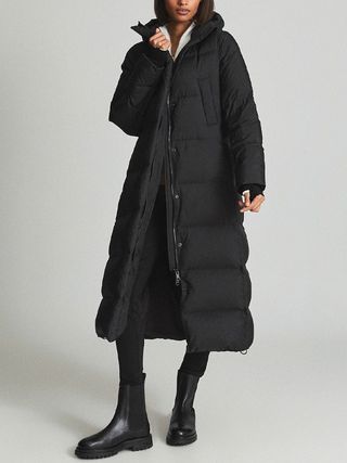 Reiss + Tilde Black Longline Hooded Puffer Coat