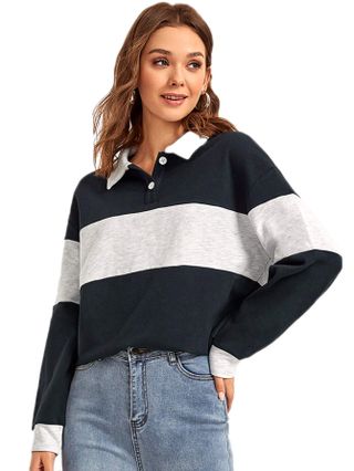 Verdusa + Polo Collar Colorblock Long Sleeve Sweatshirt