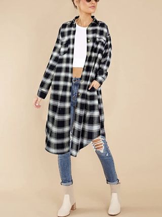 Hibluco + Long Sleeve Button Down Checked Shacket