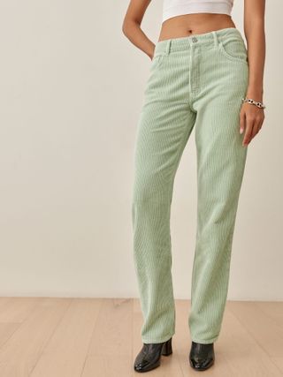Reformation + Rowan High Rise Relaxed Corduroy Pants in Pistachio