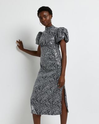 River Island + Black Printed Sequin Midi Dress