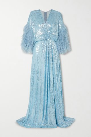 Jenny Packham + Feather-Trimmed Sequin Dress