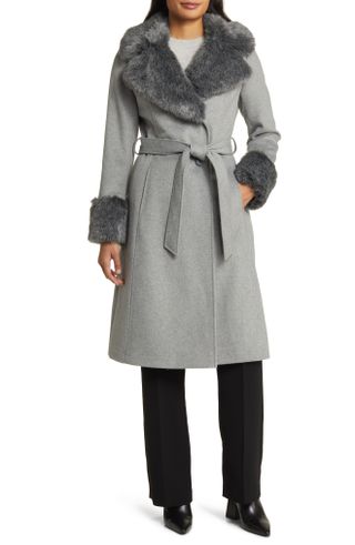 Via Spiga + Wool Blend Belted Coat With Faux Fur Trim