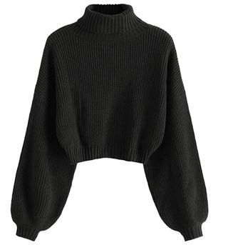 Zaful + High Neck Lantern Sleeve Ribbed Knit Pullover Crop Sweater