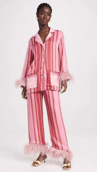 Sleeper + Party Pajama With Detachable Feathers in Pink Stripes