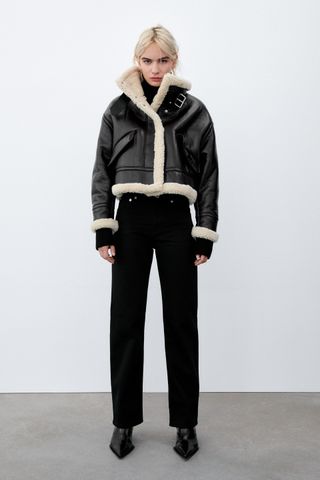 Zara + Faux Leather Fleece Collar Jacket