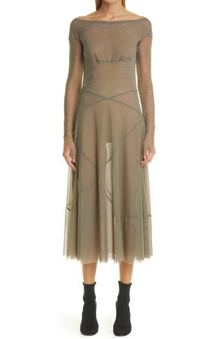 Kathryn Bowen + Long Sleeve Mesh Midi Dress