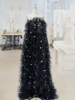 Oscar de la Renta + Black-and-White Feather Strapless Gown