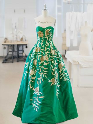 Oscar de la Renta + Strapless Pomegranate Embroidered Gown