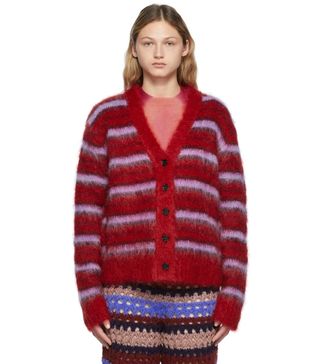 Marni + Red Striped Brushed Mohair Cardigan