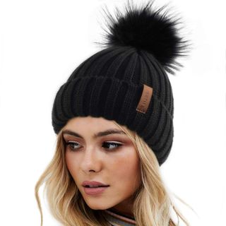 Furtalk + Knitted Beanie Hat With Faux Fur Pom