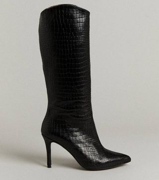 Karen Millen + Premium Croc Effect Leather Heeled Long Boot