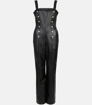 Karen Millen + Leather Button Placket Wide Leg Jumpsuit