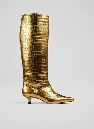 Lk Bennett + Eden Gold Croc Effect Leather Knee-High Boots