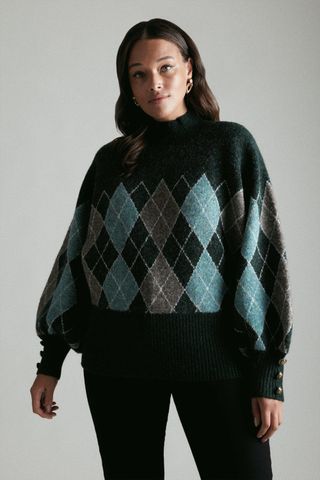 Karen Millen + By Lydia Curve Argyle Knitted Trimmed Jumper