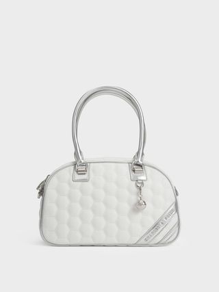 Charles & Keith + White Striped Textured Bowling Bag
