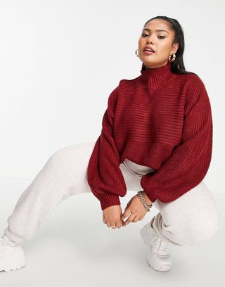 Threadbare + Veronica High Neck Sweater in Deep Red