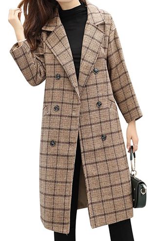 Tanming + Double Breasted Long Plaid Wool Blend Pea Coat