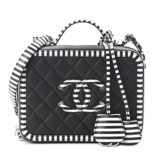 Chanel + Pre-Owned Caviar Quilted Striped Medium CC Filigree Vanity Case